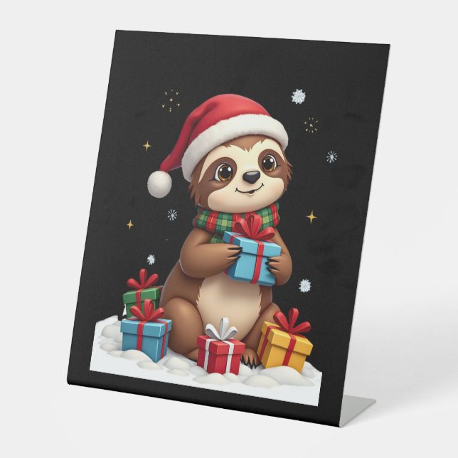 Merry Slothmas cute Christmas sloth Santa hat Xmas Pedestal Sign (Front)
