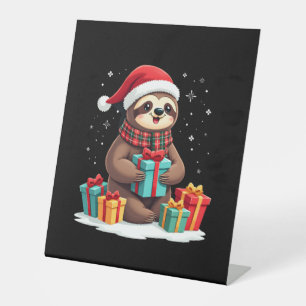 Merry Slothmas cute Christmas sloth Santa hat Xmas Pedestal Sign