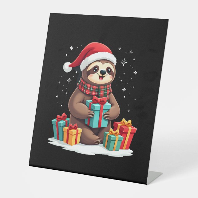 Merry Slothmas cute Christmas sloth Santa hat Xmas Pedestal Sign (Front)