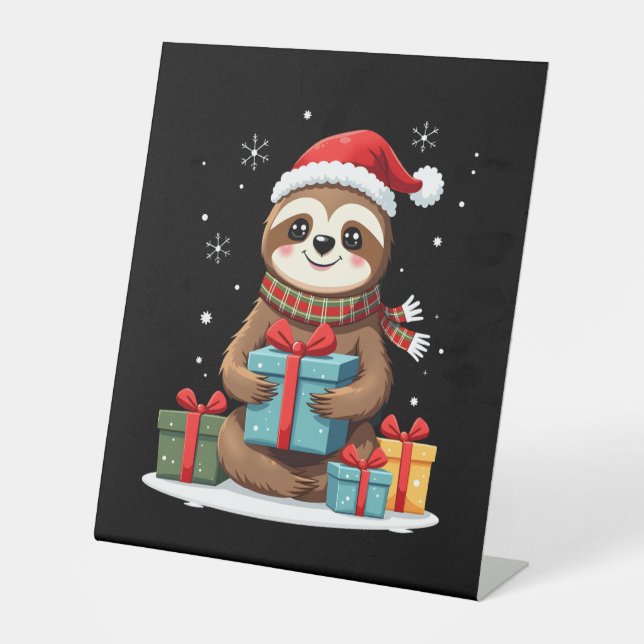Merry Slothmas cute Christmas sloth Santa hat Xmas Pedestal Sign (Front)