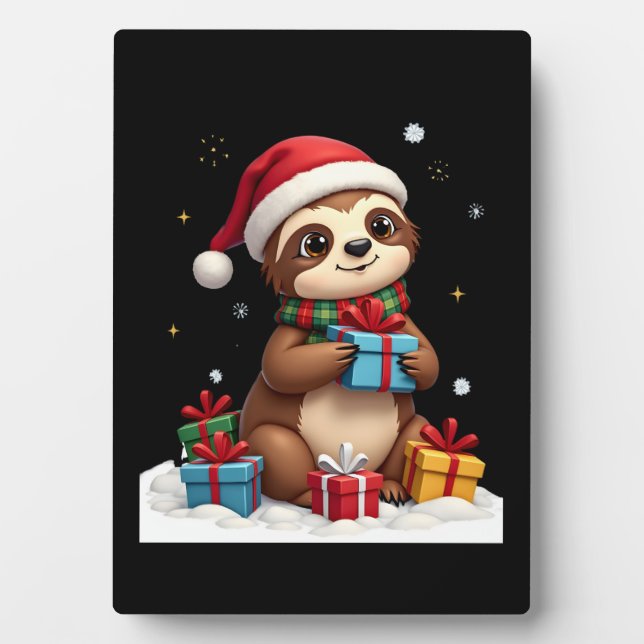 Merry Slothmas cute Christmas sloth Santa hat Xmas Plaque (Front)
