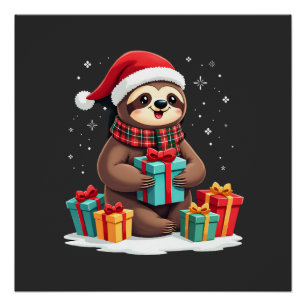 Merry Slothmas cute Christmas sloth Santa hat Xmas Poster