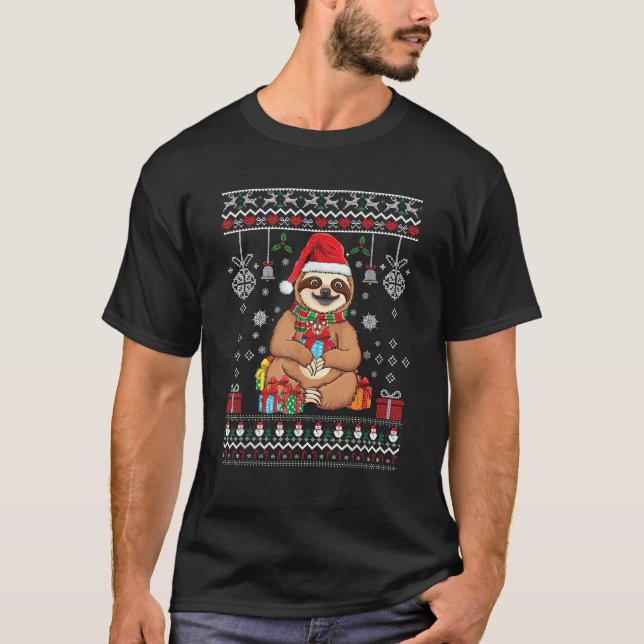Merry Slothmas cute Christmas sloth Santa hat Xmas T-Shirt (Front)