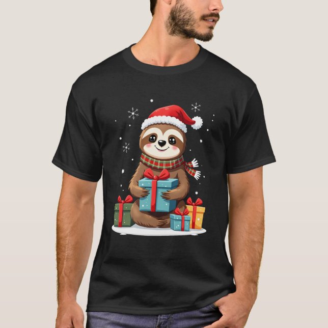 Merry Slothmas cute Christmas sloth Santa hat Xmas T-Shirt (Front)
