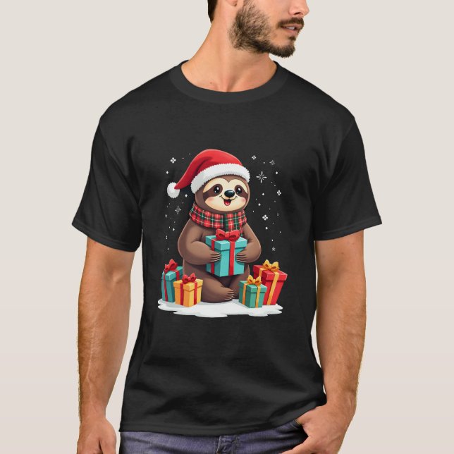 Merry Slothmas cute Christmas sloth Santa hat Xmas T-Shirt (Front)