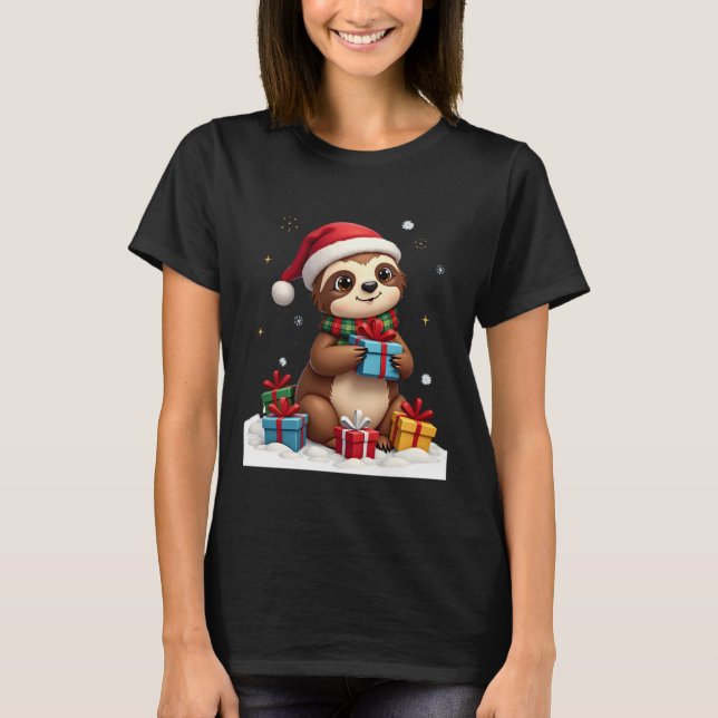 Merry Slothmas cute Christmas sloth Santa hat Xmas T-Shirt (Front)
