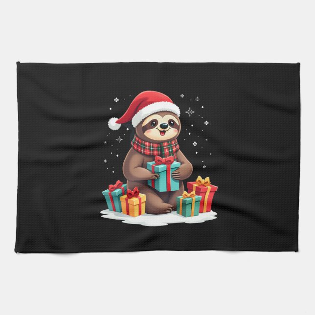 Merry Slothmas cute Christmas sloth Santa hat Xmas Tea Towel (Horizontal)