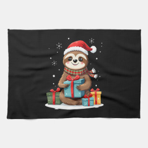 Merry Slothmas cute Christmas sloth Santa hat Xmas Tea Towel