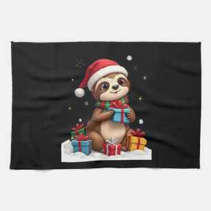 Merry Slothmas cute Christmas sloth Santa hat Xmas Tea Towel