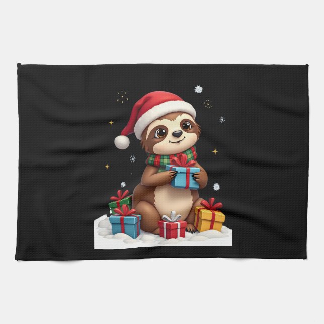 Merry Slothmas cute Christmas sloth Santa hat Xmas Tea Towel (Horizontal)