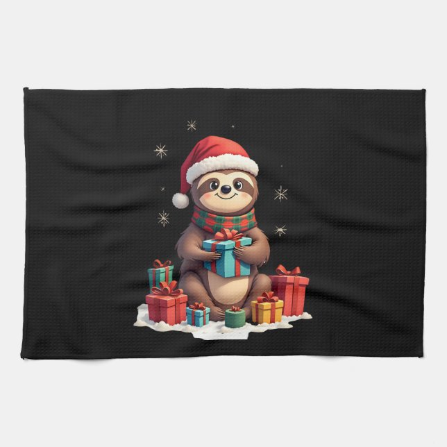 Merry Slothmas cute Christmas sloth Santa hat Xmas Tea Towel (Horizontal)