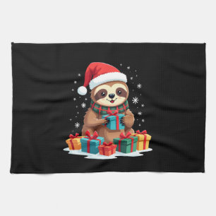 Merry Slothmas cute Christmas sloth Santa hat Xmas Tea Towel
