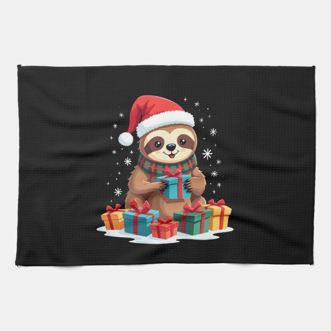 Merry Slothmas cute Christmas sloth Santa hat Xmas Tea Towel (Horizontal)