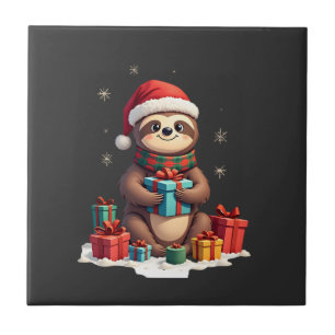 Merry Slothmas cute Christmas sloth Santa hat Xmas Tile