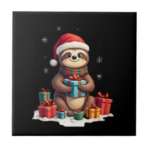 Merry Slothmas cute Christmas sloth Santa hat Xmas Tile