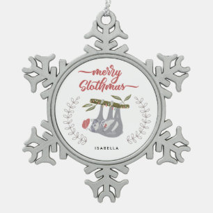 Merry Slothmas Cute Personalised Hanging Sloth Snowflake Pewter Christmas Ornament