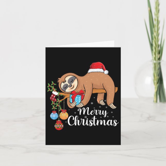 Merry Slothmas Cute Xmas Sloth Santa Hat Christmas Card (Front)