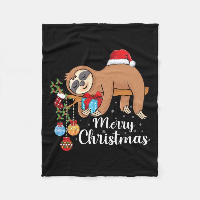 Merry Slothmas Cute Xmas Sloth Santa Hat Christmas Fleece Blanket (Front)