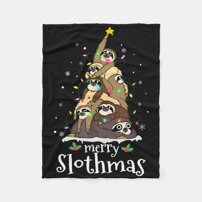 Merry Slothmas Cute Xmas Sloth Santa Hat Christmas Fleece Blanket (Front)