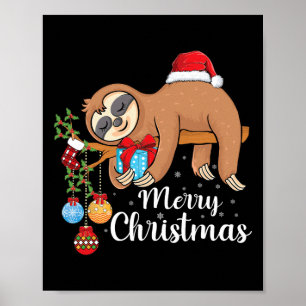 Merry Slothmas Cute Xmas Sloth Santa Hat Christmas Poster