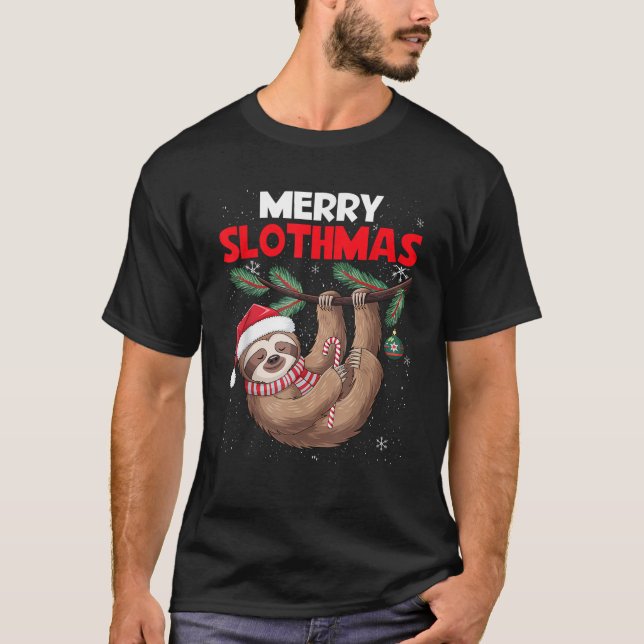 Merry Slothmas Cute Xmas Sloth Santa Hat Christmas T-Shirt (Front)
