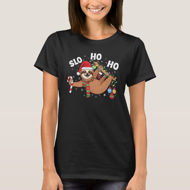 Merry Slothmas cute Xmas sloth Santa hat Christmas T-Shirt (Front)