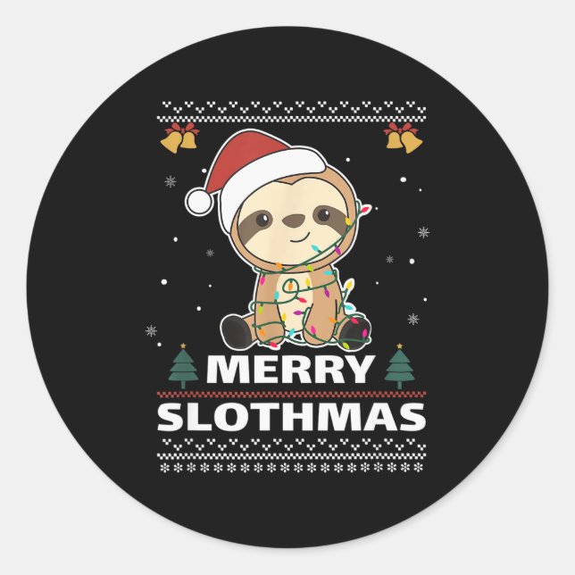 Merry Slothmas Funny Sloth Christmas Pun  Classic Round Sticker (Front)