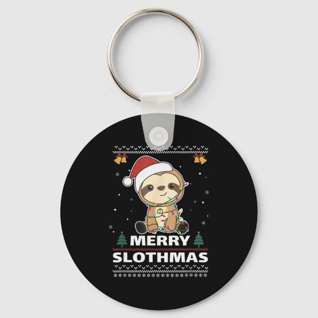 Merry Slothmas Funny Sloth Christmas Pun  Key Ring (Front)