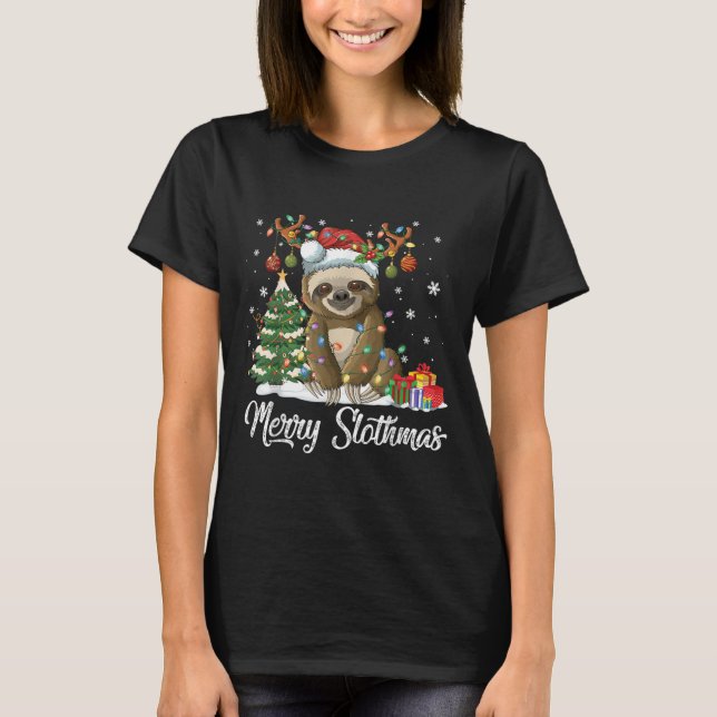Merry Slothmas Funny Sloth Christmas Tree Lights X T-Shirt (Front)