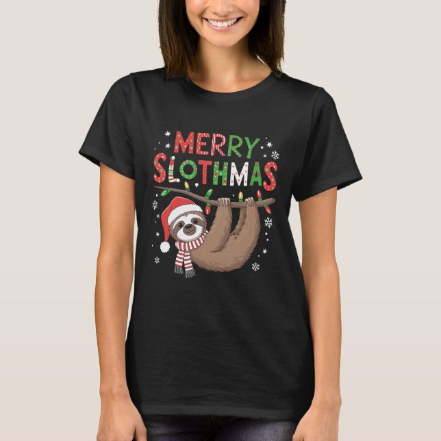 Merry Slothmas Santa Hat Pyjamas Sloth Lover Girls T-Shirt (Front)