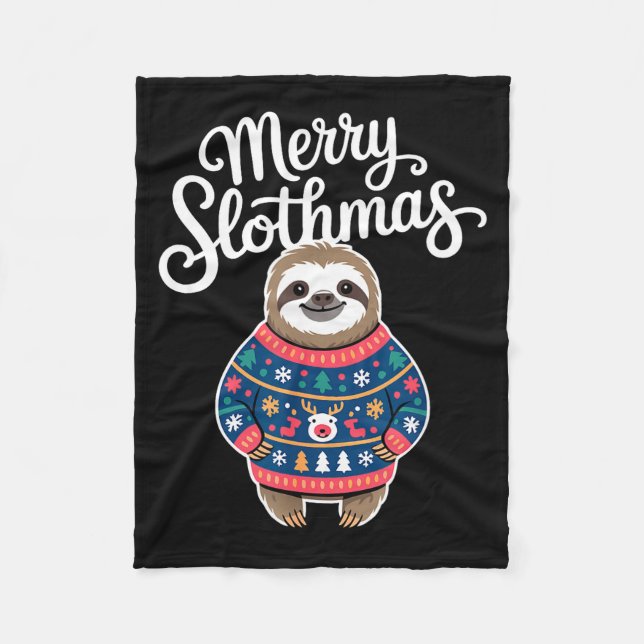 Merry Slothmas Sweater Funny Sloth Christmas Pajam Fleece Blanket (Front)