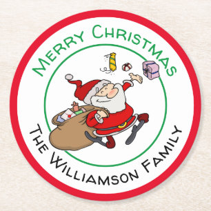 Merry Smiling Santa Delivering Christmas Presents Round Paper Coaster