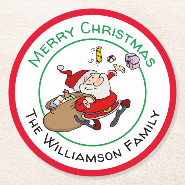 Merry Smiling Santa Delivering Christmas Presents Round Paper Coaster (Front)