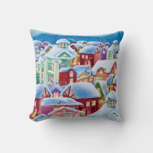 Merry, snow-covered New Year's houses Cushion