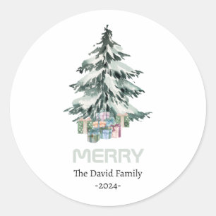 Merry Snow Watercolor Pine Christmas Tree Gifts Classic Round Sticker