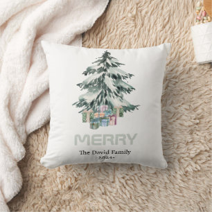 Merry Snow Watercolor Pine Christmas Tree Gifts  Cushion