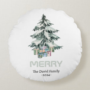 Merry Snow Watercolor Pine Christmas Tree Gifts  Round Cushion