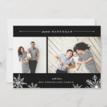 Merry Snowflake Hanukkah Photo Card | Black<br><div class="desc">Elegant and modern Hanukkah photo card features two favourite photos aligned side by side, with "Joyous Hanukkah" at the top in white italic and block typography. Personalise with your custom greeting and name at the bottom, accented by four white snowflake illustrations. A rich black background adds classic elegance to your...</div>