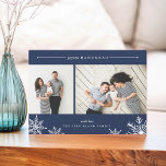 Merry Snowflake Hanukkah Photo Card | Navy<br><div class="desc">Elegant and modern Hanukkah photo card features two favourite photos aligned side by side, with "Joyous Hanukkah" at the top in white italic and block typography. Personalise with your custom greeting and name at the bottom, accented by four white snowflake illustrations. A navy blue background adds classic elegance to your...</div>