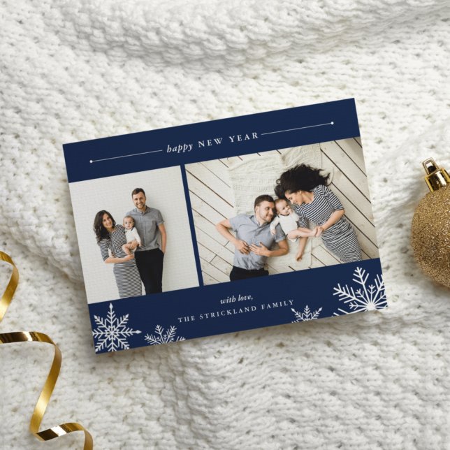 Merry Snowflake New Year Photo Card | Navy (Creator Uploaded)