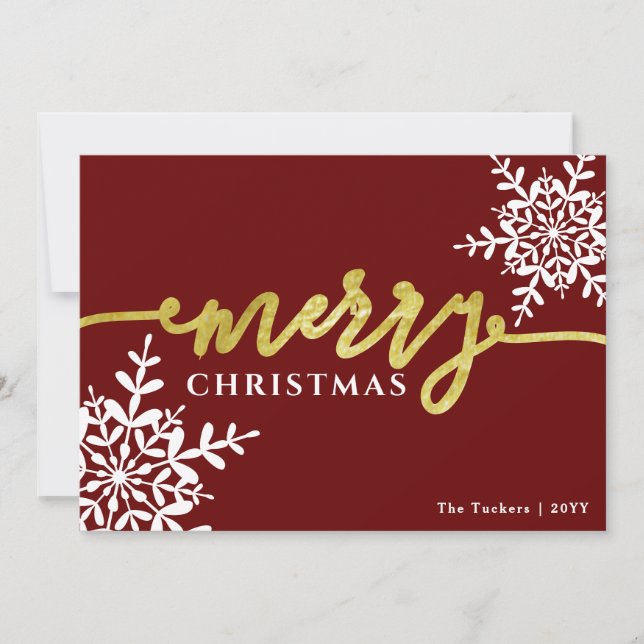 Merry Snowflakes Elegant Dark Red Christmas Holiday Card (Front)