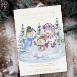 Merry Snowmen New Home for Holidays Gold Foil Holiday Card<br><div class="desc">Luxury Foil Christmas card from your new home. The wording reads "the ...  family have a new home for the holidays" followed by your personalised christmas greeting and new address. This watercolor design features 3 cute snowmen with a backdrop of christmas trees.</div>