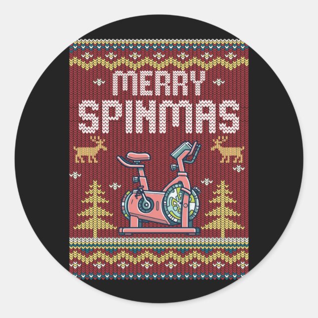 Merry Spinmas Spin Bike Ugly Christmas Xmas Party  Classic Round Sticker (Front)