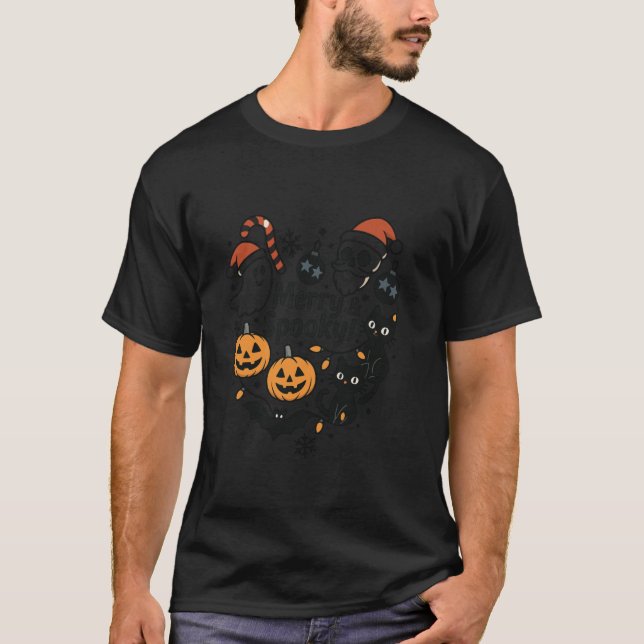 Merry Spooky Halloween Christmas Cute Cats Pumpkin T-Shirt (Front)