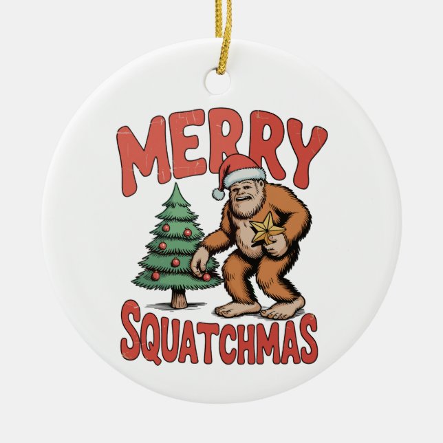 Merry Squatchmas Bigfoot Sasquatch Christmas Tree Ceramic Tree Decoration (Front)