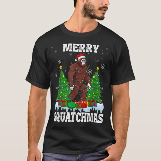 Merry Squatchmas Christmas Tree Santa Bigfoot Sasq T-Shirt (Front)