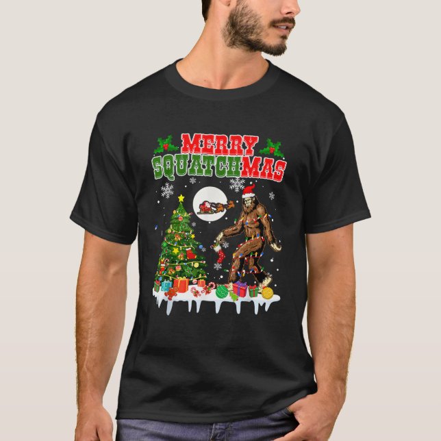 Merry Squatchmas Christmas Tree Santa Bigfoot Sasq T-Shirt (Front)