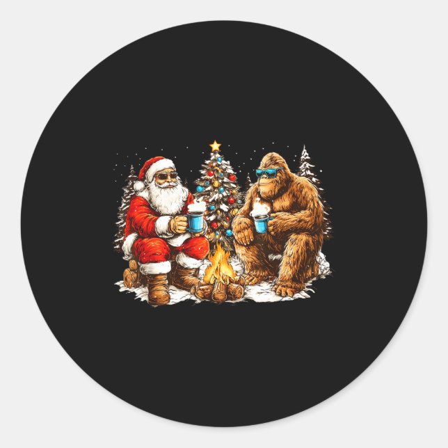 Merry Squatchmas Santa Bigfoot Campfire Mens Boys  Classic Round Sticker (Front)