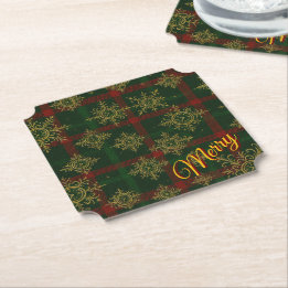 Merry Steampunk Snowflake Red and Green Tartan Paper Coaster