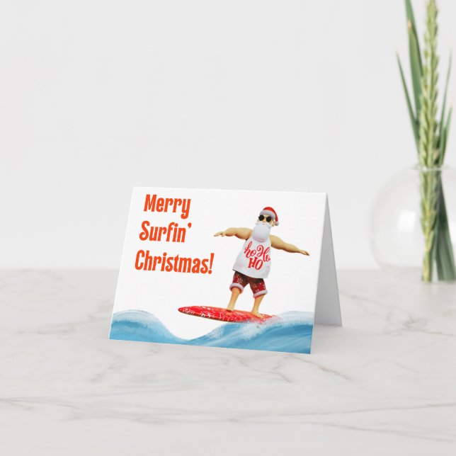 Merry Surfin' Christmas Santa on surfboard Card (Front)